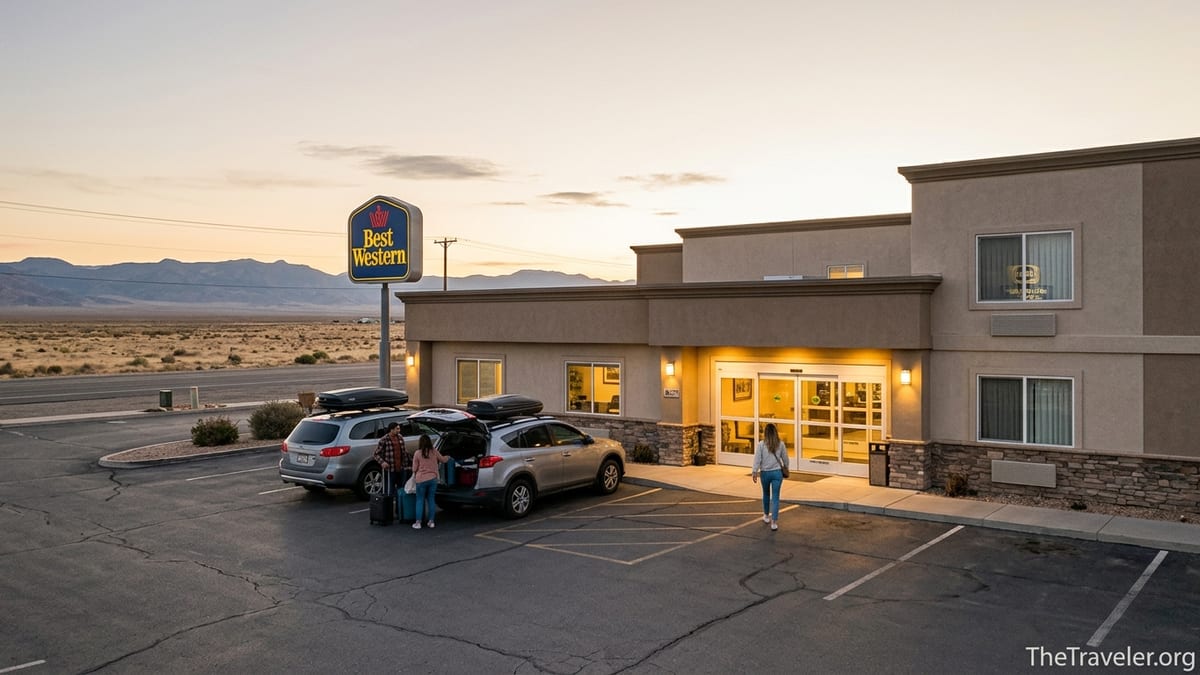 Best Western hotel at golden hour with road-trippers unloading cars in a desert town