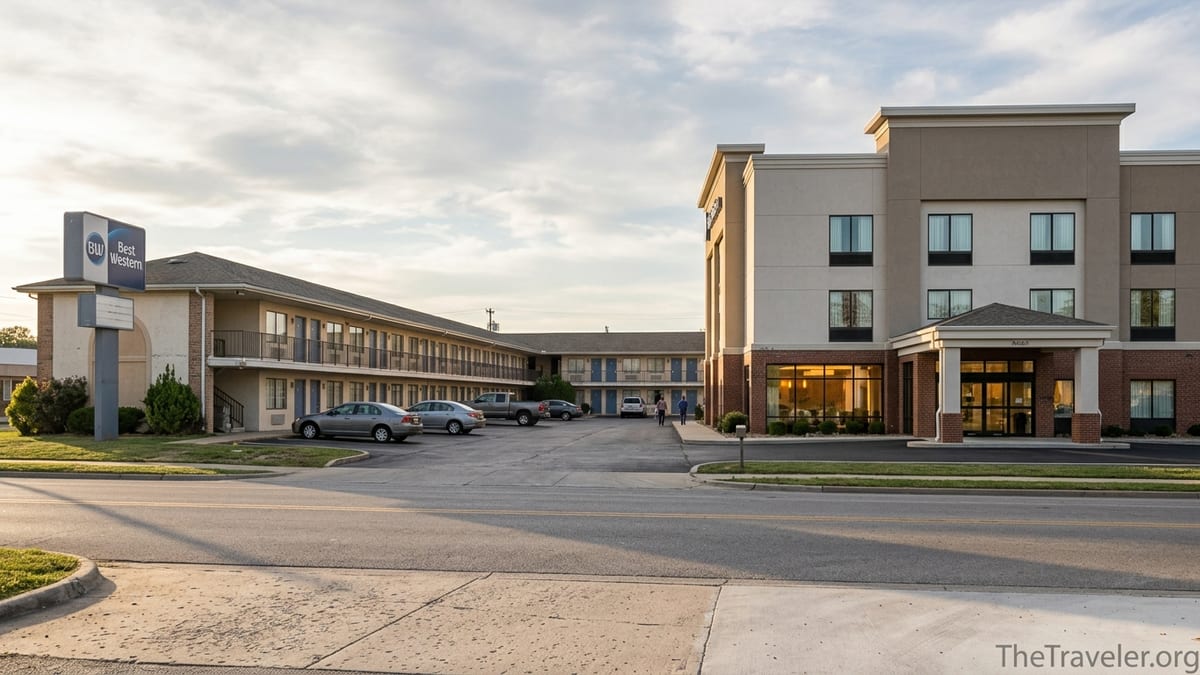 Two contrasting Best Western-style roadside hotels, one older motor lodge and one modern mid-rise, in soft late afternoon sun