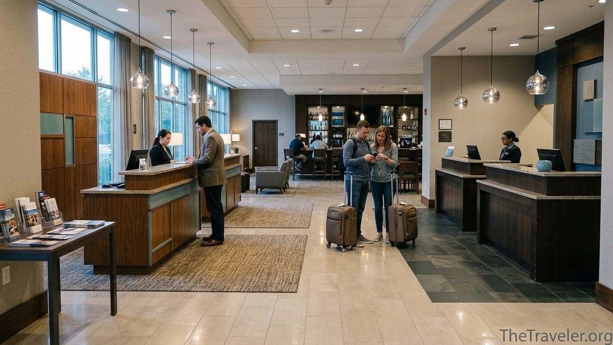 Travelers with luggage comparing two modern midscale hotel front desks in one lobby.