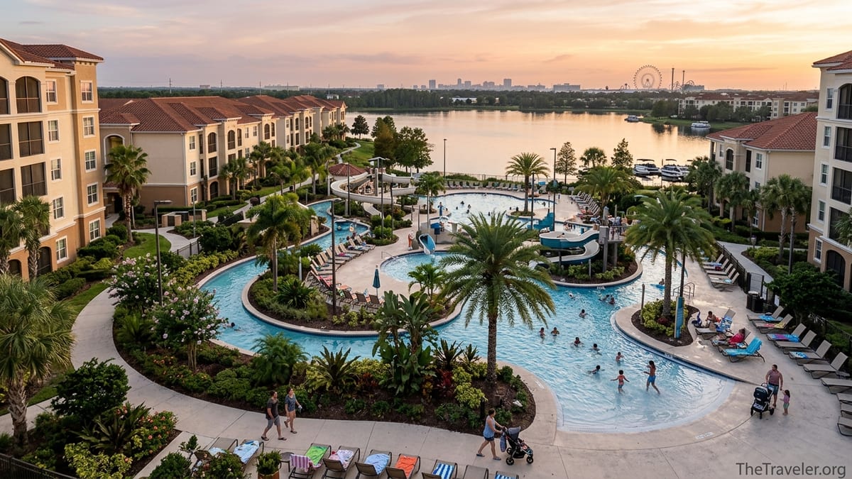 Lakefront Orlando resort with pools, lazy river and condo buildings at sunset