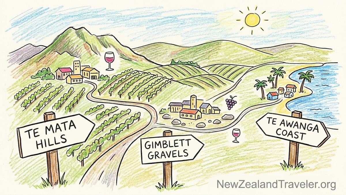 Outdoor wine tasting table in Hawke’s Bay with vineyard rows leading to the Pacific Ocean near Te Awanga.