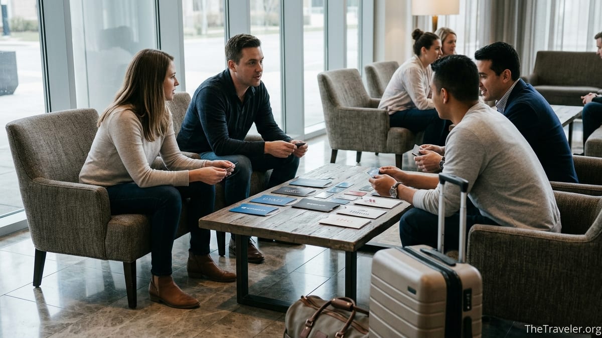 Travelers in a hotel lobby comparing different credit cards and keycard sleeves.