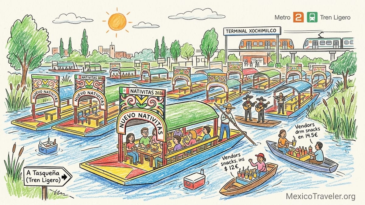 A trajinera boat leaving the busy dock and entering a quieter stretch of Xochimilco canals in Mexico City.
