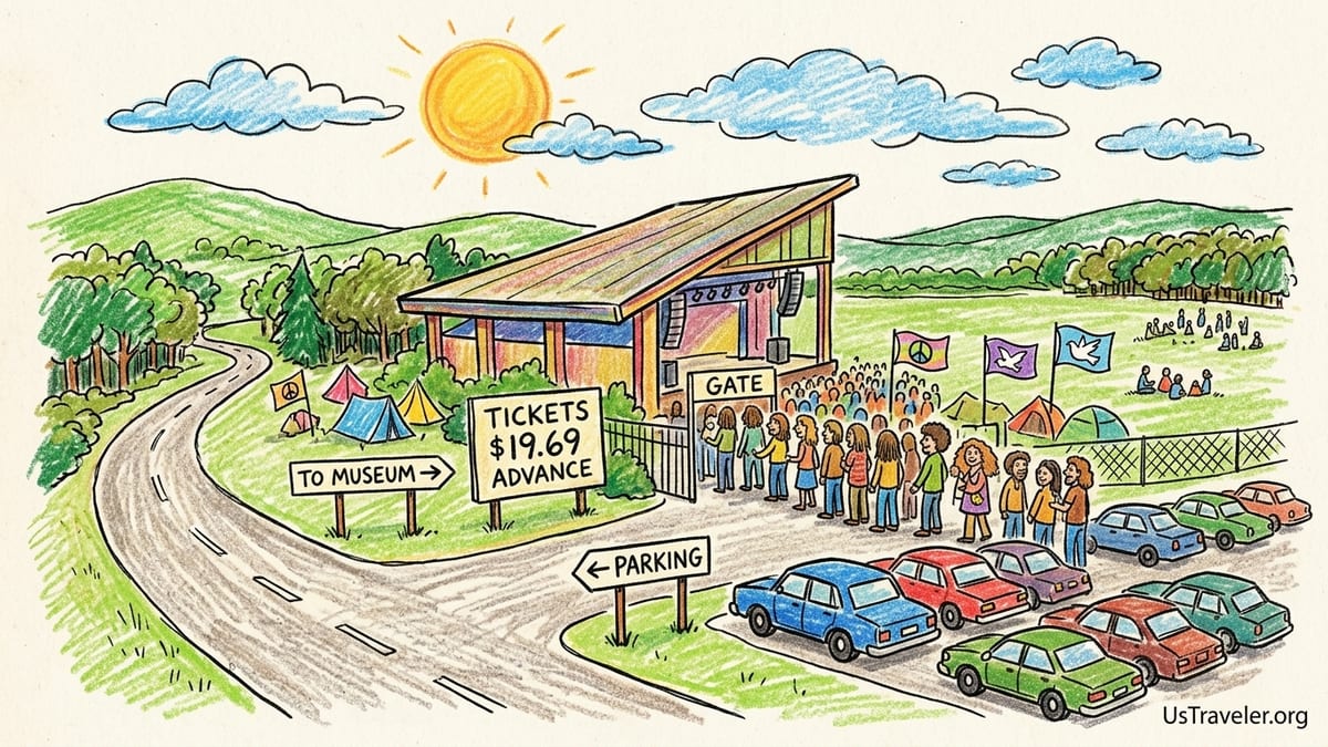 Visitors approach the Museum at Bethel Woods with the rolling Woodstock festival field in the background.