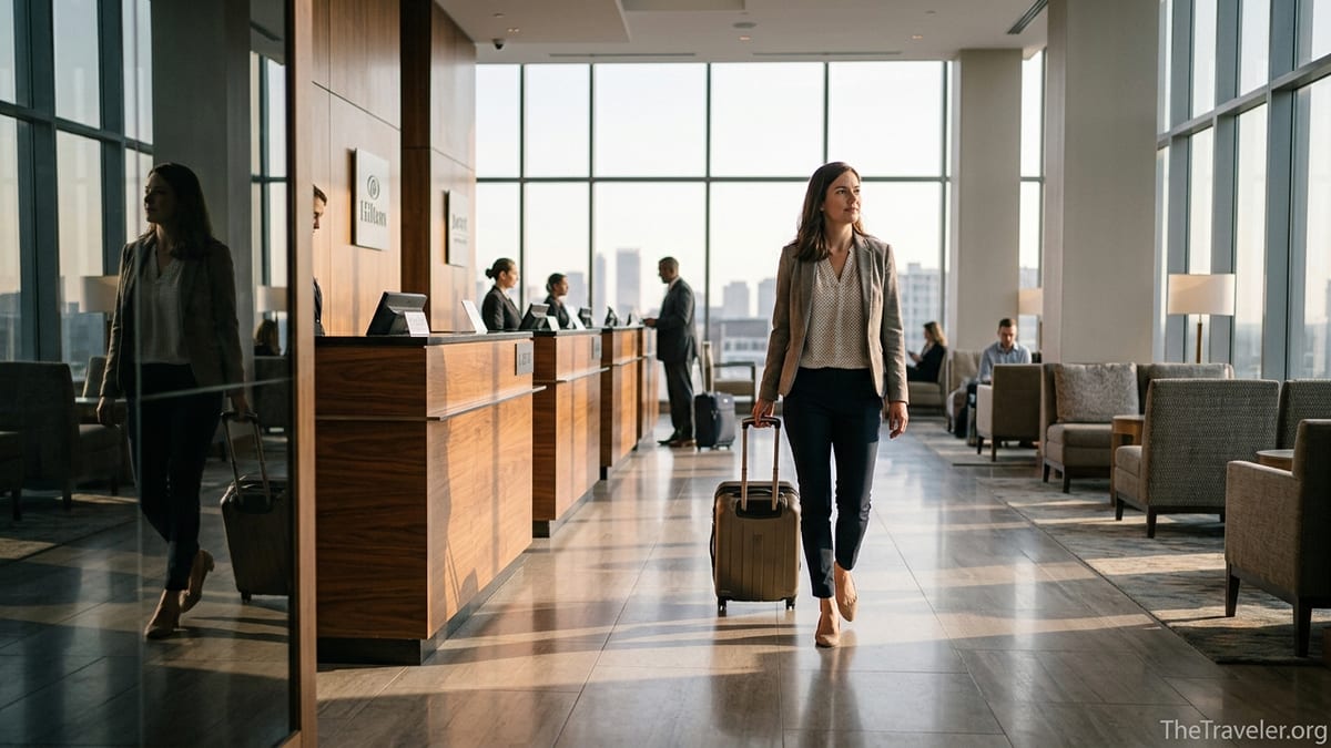 Traveler walking through a modern hotel lobby with multiple global hotel brands visible.