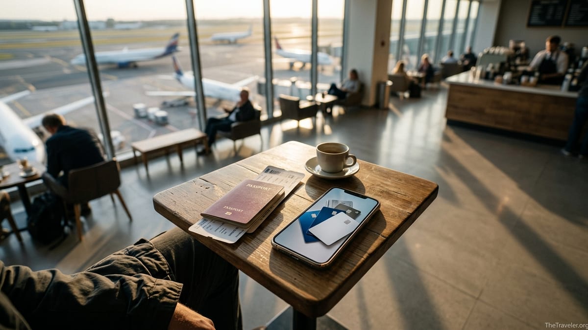 Traveler at airport lounge table comparing several travel credit cards beside passport and boarding pass.