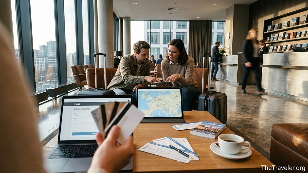 Travelers in a modern hotel lobby comparing credit cards and planning trips at a lounge table.