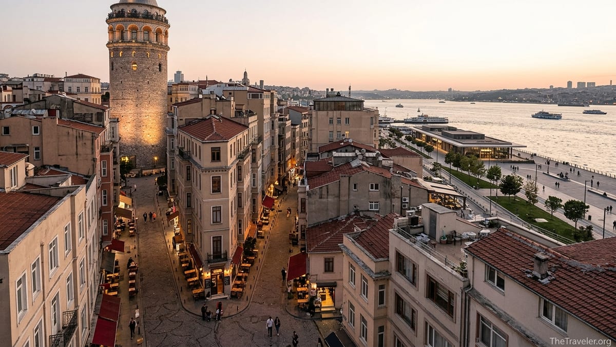 Evening view over Galata Tower and Beyoğlu streets leading down to the Bosphorus and Galataport promenade.
