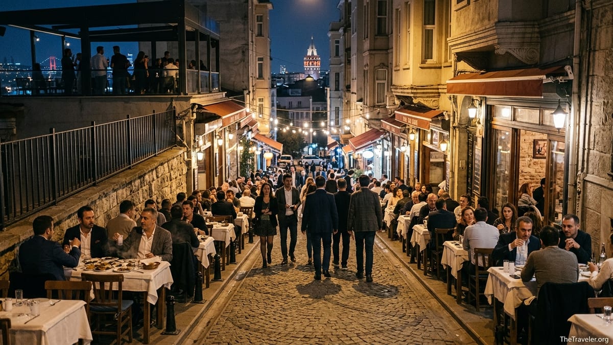Crowded nighttime street of meyhanes and bars in Beyoğlu, Istanbul, with people dining outdoors and warm lights.