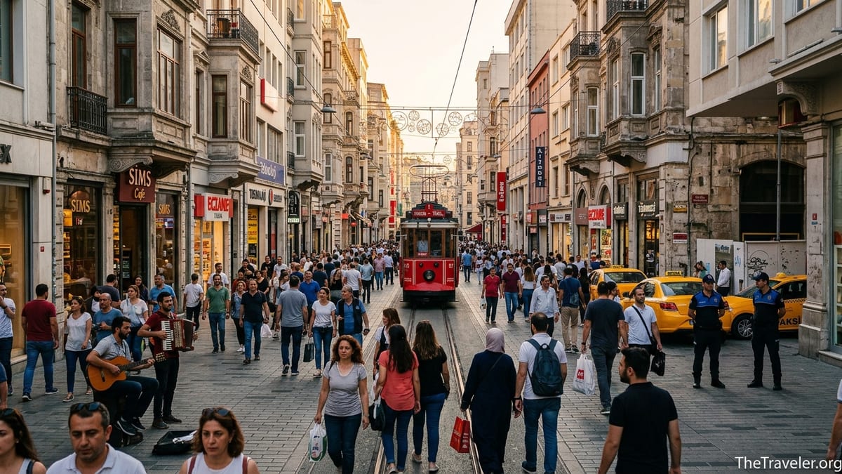 Early evening crowds walking along İstiklal Avenue near Taksim Square in Beyoğlu, Istanbul.