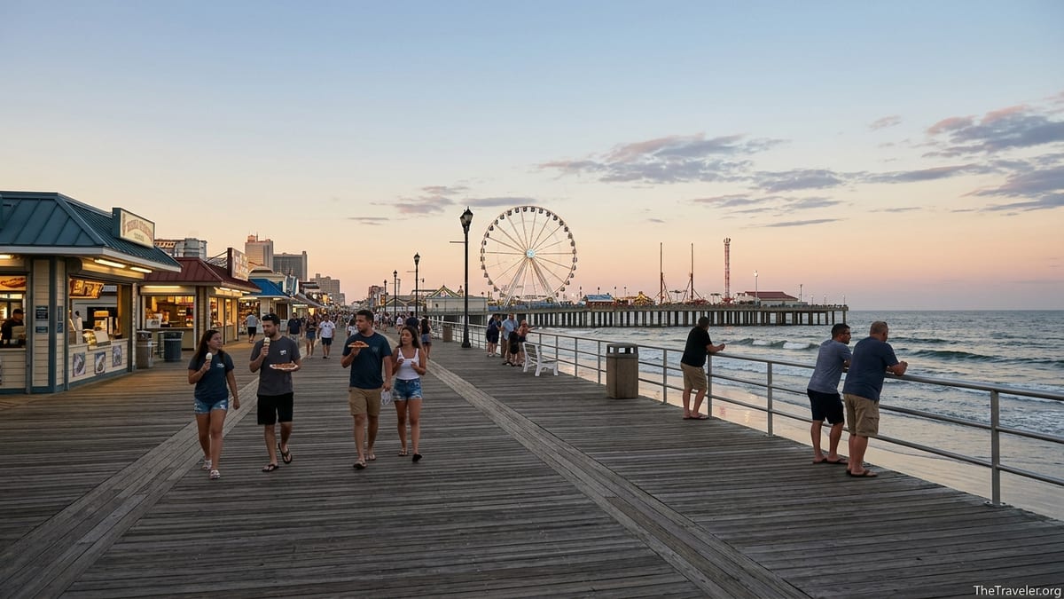 Dusk view of Atlantic City Boardwalk with people walking toward Steel Pier and The Wheel beside the ocean.