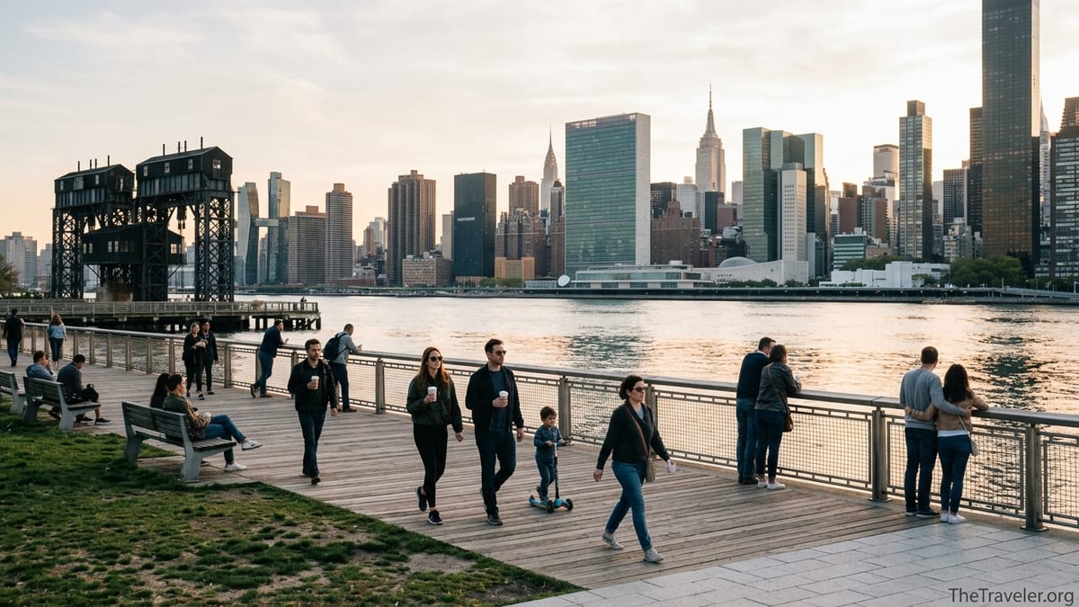 Locals and visitors walking through a Queens waterfront park at sunset with the Manhattan skyline beyond.