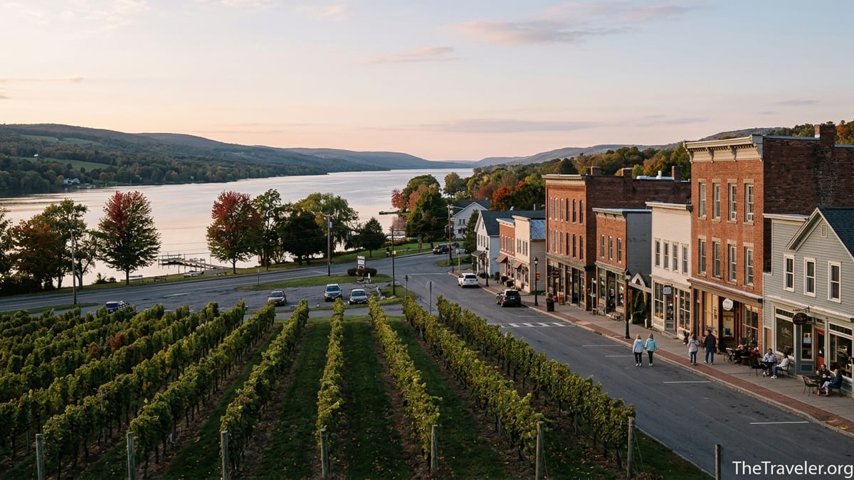 Autumn view over a small Finger Lakes town and narrow lake surrounded by rolling hills and vineyards.