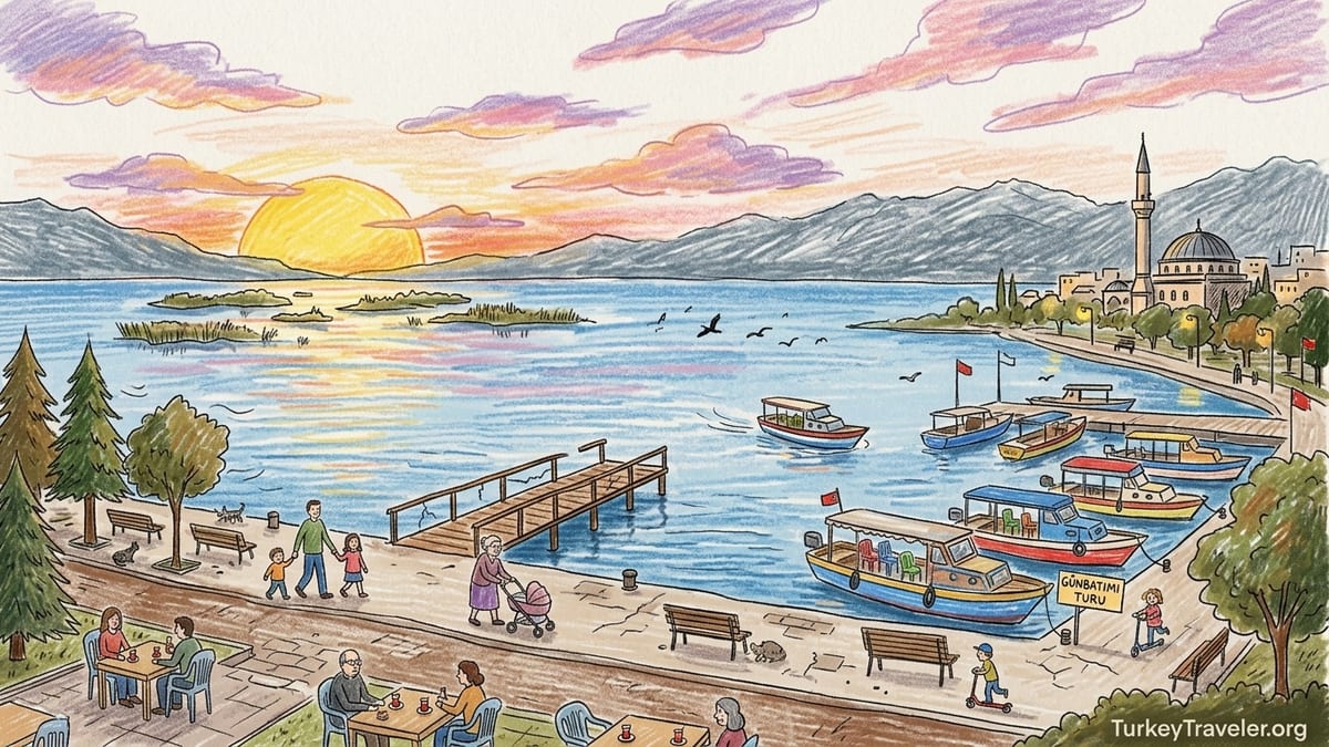 Sunset over Beyşehir Lake with local families on the town promenade and boats moored by the shore.