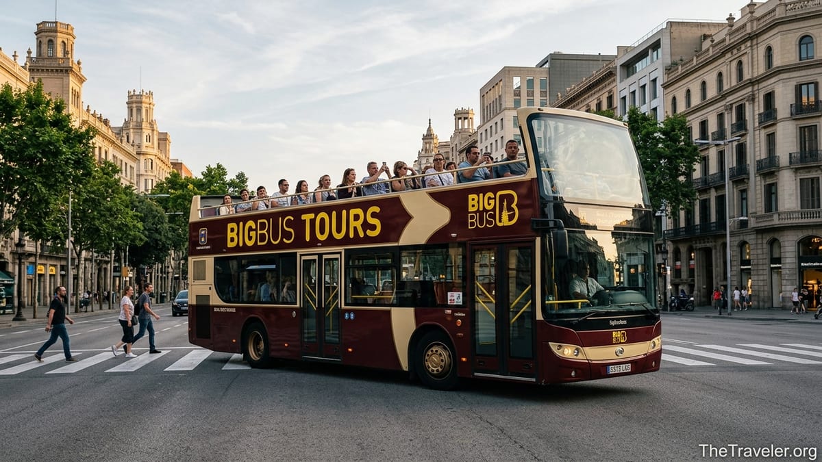 Open-top Big Bus sightseeing coach passing through a busy city street at golden hour