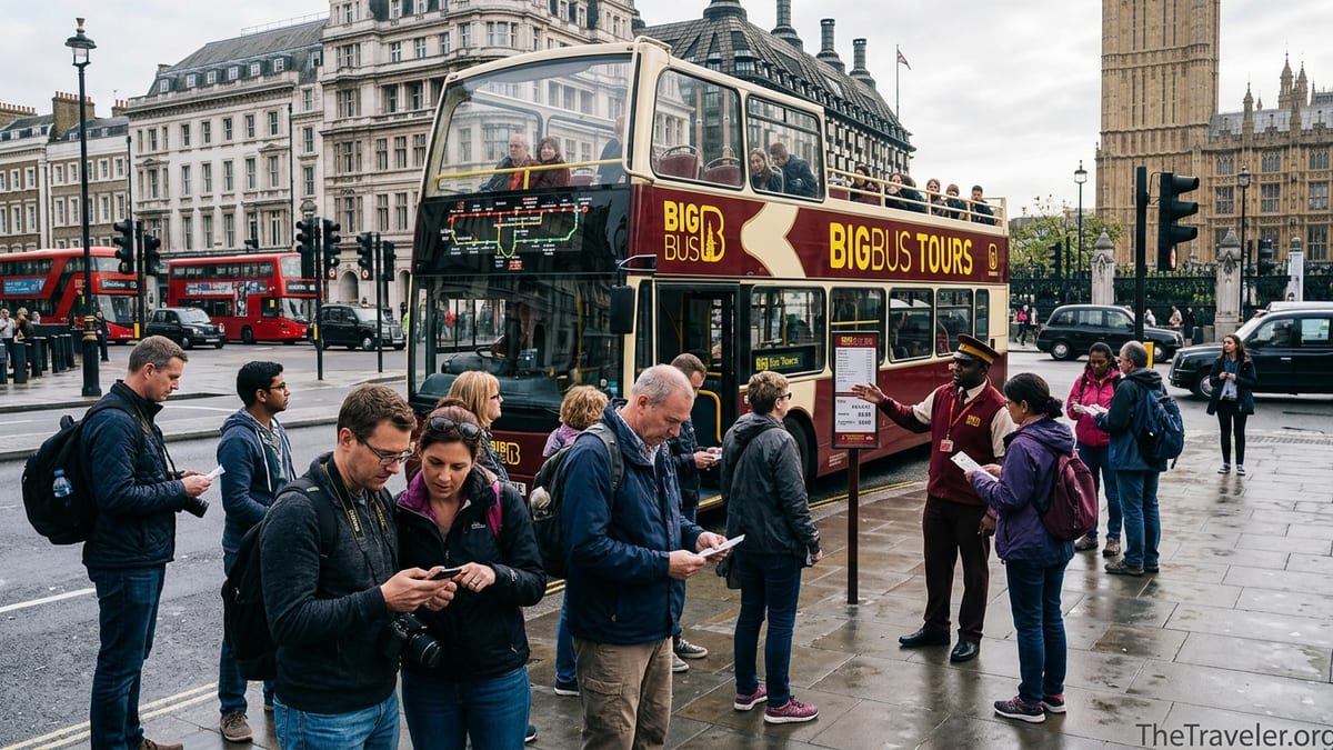 Tourists compare tickets beside a Big Bus hop-on hop-off bus at a busy London street stop.