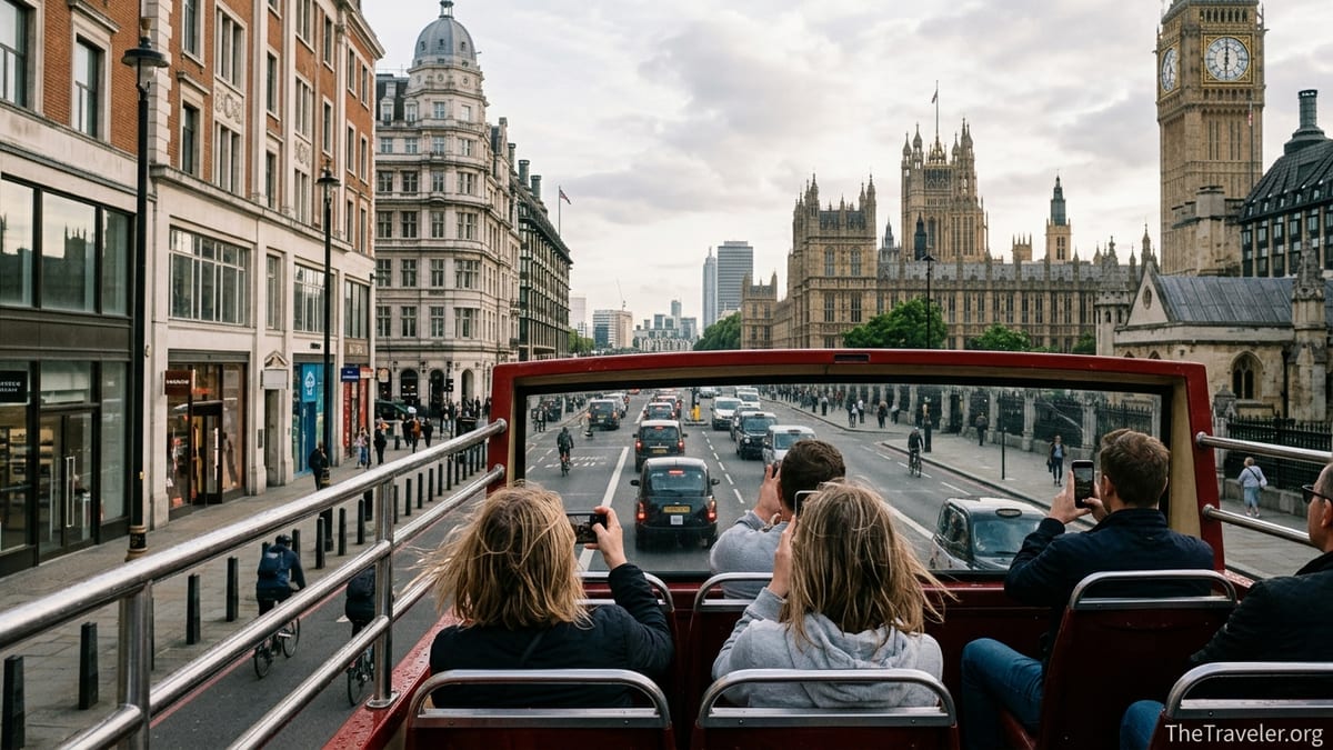 View from an open-top Big Bus in London passing Big Ben in slow traffic.