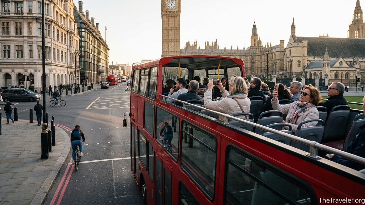 Open top red sightseeing bus passing Big Ben in London at golden hour with tourists on the upper deck.