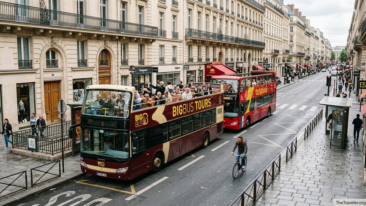 Two competing red hop on hop off buses at a city stop filled with tourists on the open top decks.
