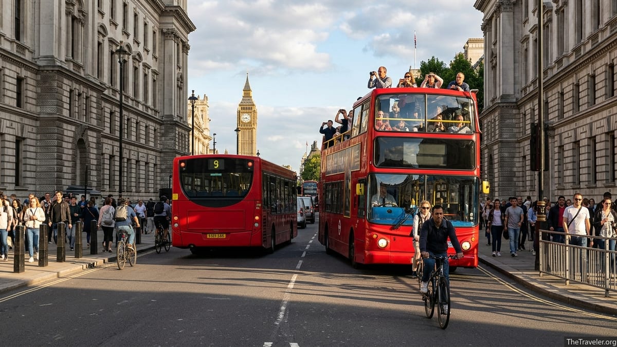 Sightseeing double-decker bus passing a regular city bus on a busy central London street.