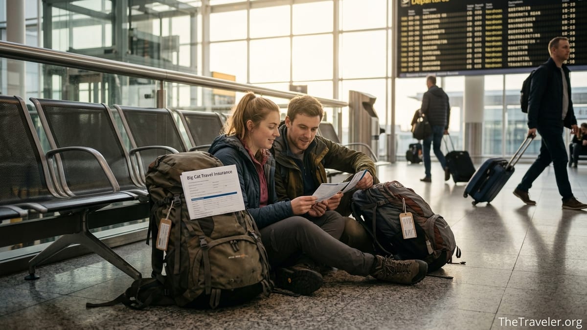 Backpackers at an airport checking Big Cat travel insurance documents before a long trip