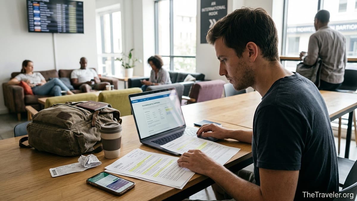 Backpacker reviewing travel insurance documents on a laptop in a bright hostel common room.