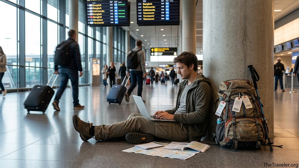 Backpacker in airport departure hall comparing travel insurance on a laptop.