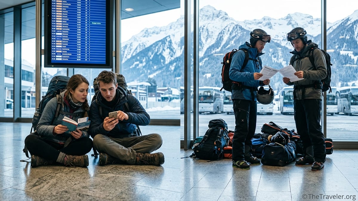 Backpackers and skiers at an Alpine airport reviewing travel insurance papers.