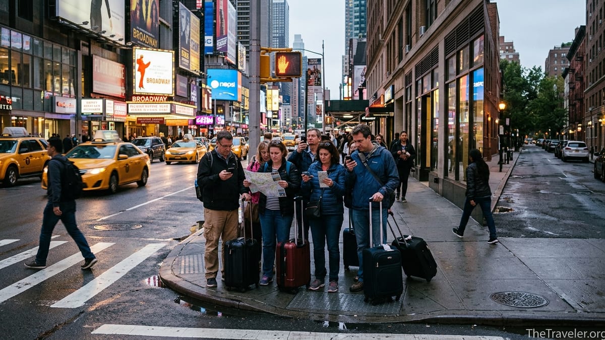 Tourists on a crowded Midtown Manhattan sidewalk as locals weave past toward quieter side streets at dusk.