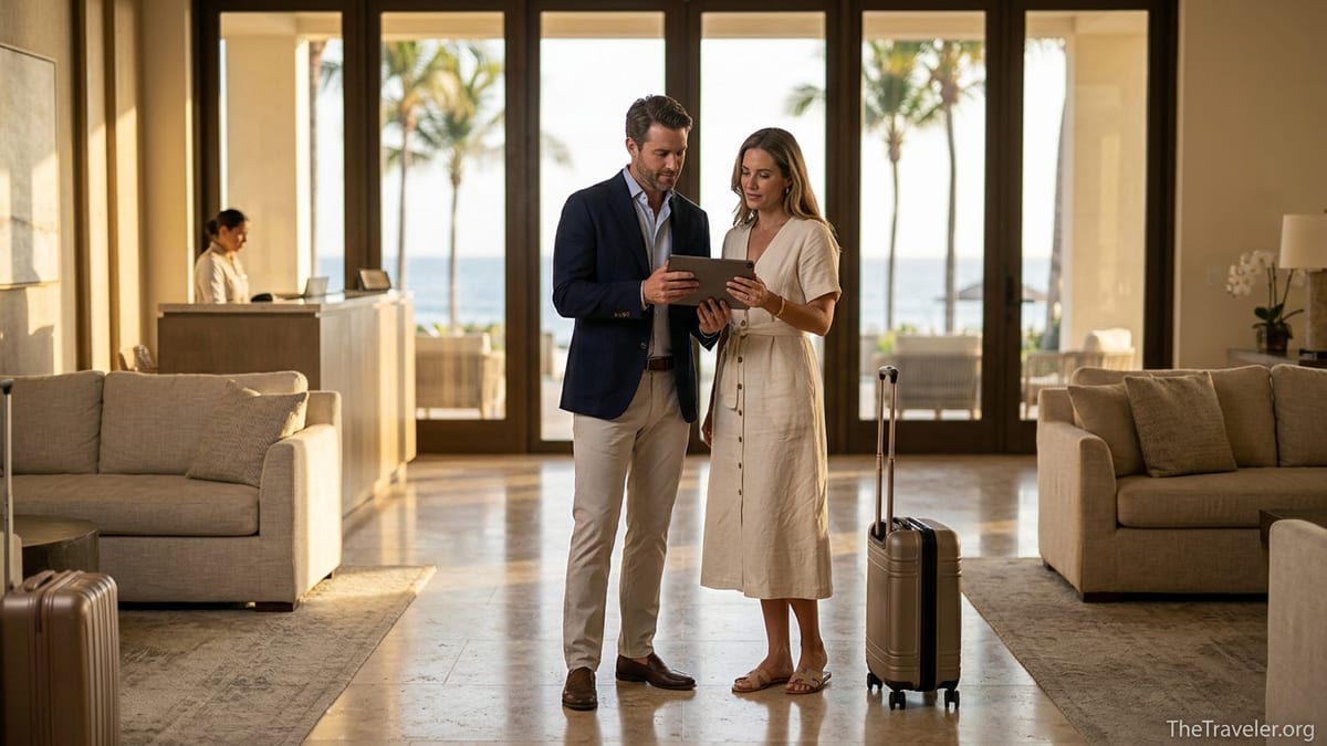 Couple in a luxury villa lobby reviewing vacation options on a tablet.