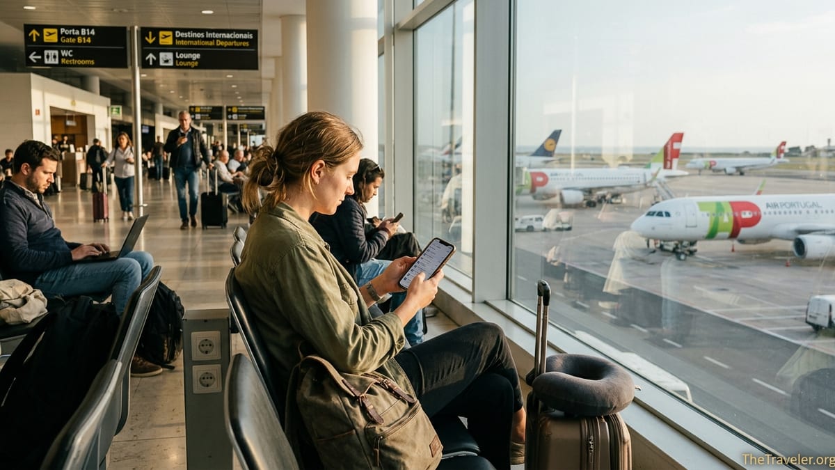 Traveler in an airport lounge checking eSIM plans on a smartphone before a flight.
