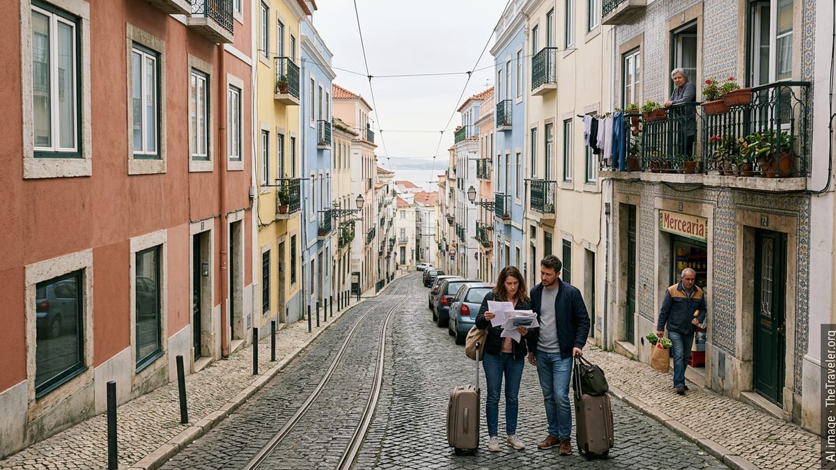 New expats with suitcases look at paperwork on a Lisbon street surrounded by local residents and pastel buildings.