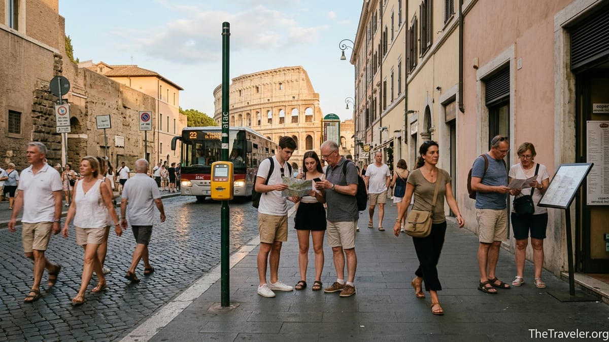 Tourists on a cobblestone street near the Colosseum checking maps and menus at sunset in Rome.