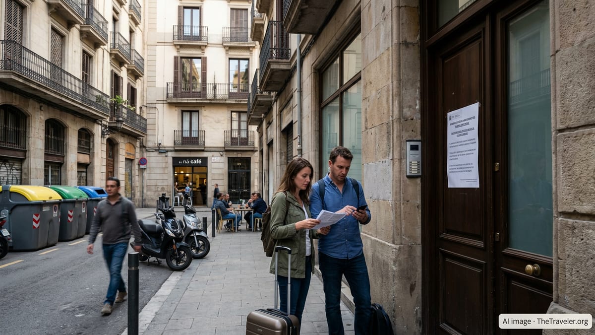 Newcomers with luggage outside a Spanish government office, confused by appointment notice.