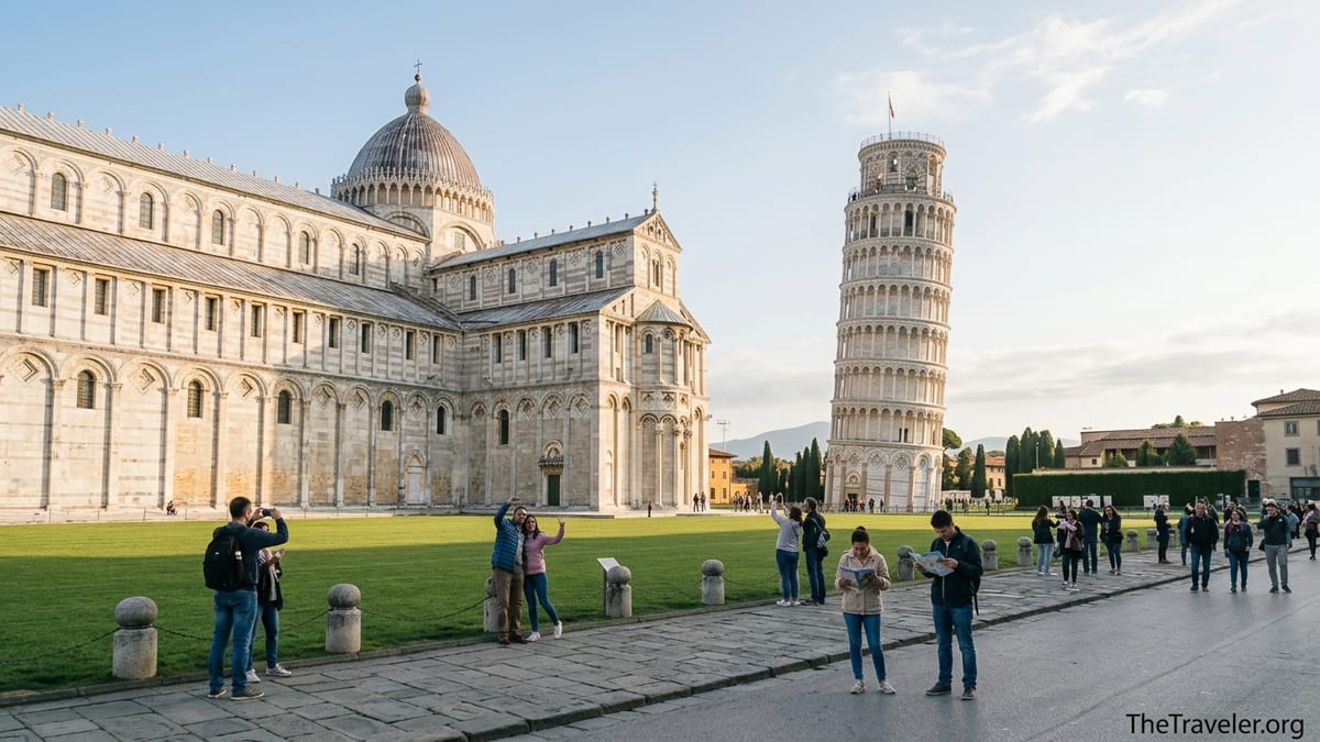 Early morning visitors walking across Piazza dei Miracoli with the Leaning Tower of Pisa and cathedral in soft golden light.