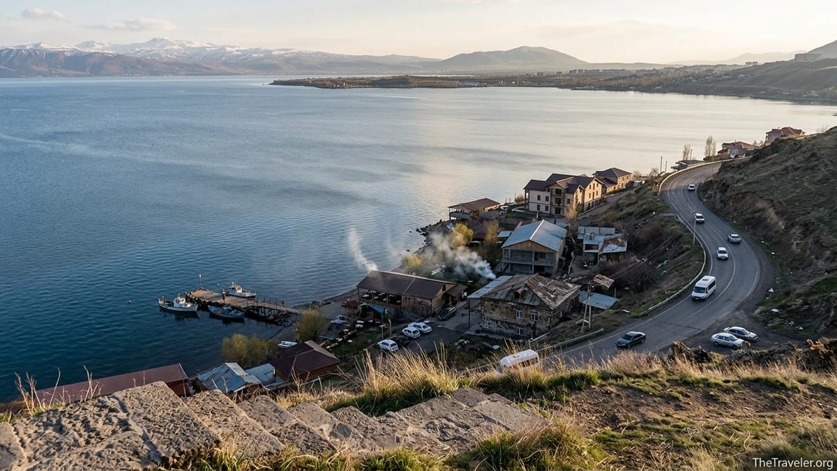 High-altitude view over Lake Sevan in Armenia with mountains, lakeside road and guesthouses at sunset.