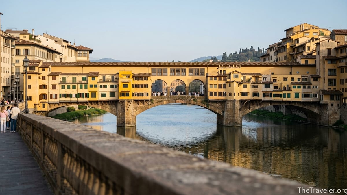 Ponte Vecchio over the Arno River at golden hour seen from a nearby bridge in Florence.