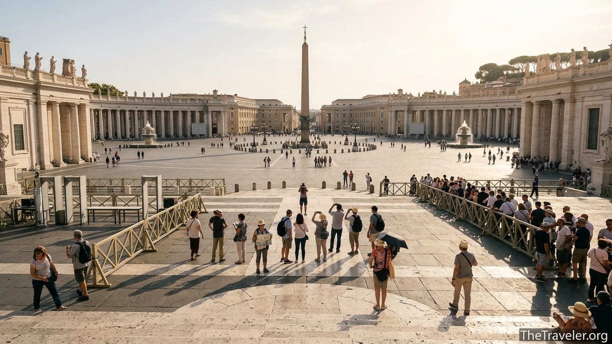 Crowds and security lines in sunlit St Peter’s Square viewed from St Peter’s Basilica steps.
