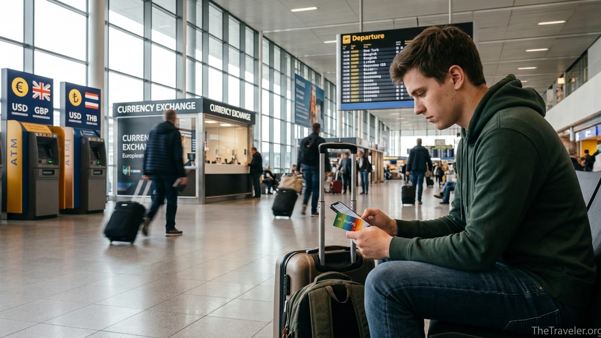 Traveler in an airport checking Bunq app on phone near foreign currency ATMs.