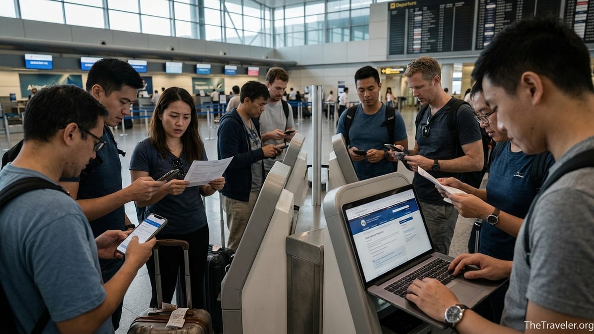 Travelers in an airport checking visa documents on phones and kiosks before departure.