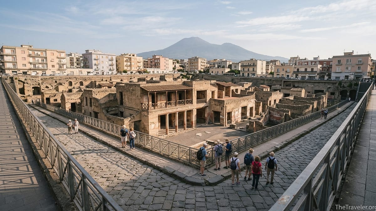 View over the excavated ruins of Herculaneum with Mount Vesuvius and modern Ercolano above.