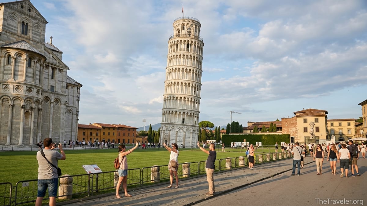 Late afternoon view of the Leaning Tower of Pisa with tourists on the lawn in Piazza dei Miracoli.