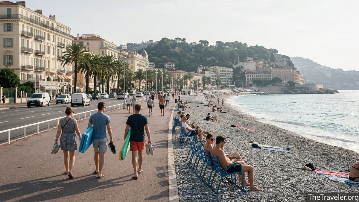 Promenade des Anglais in Nice with people on pebbled beach and blue chairs by the sea.