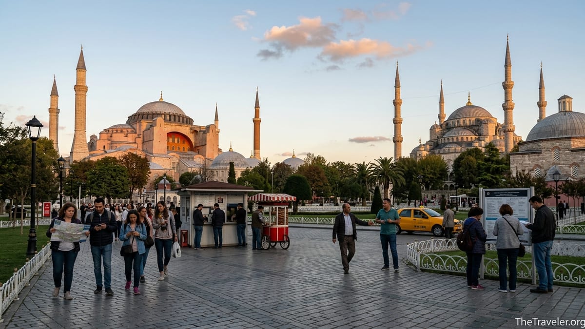 Evening view of Sultanahmet Square with Hagia Sophia, Blue Mosque and tourists walking between them.