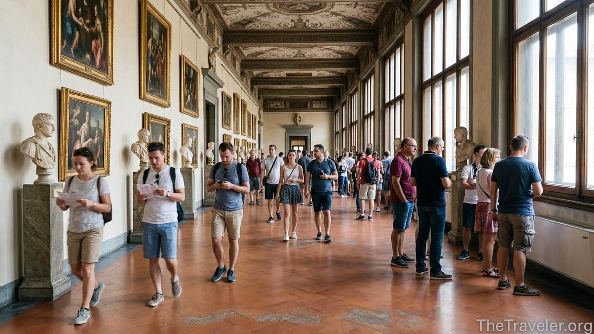 Visitors walking through a sunlit corridor of Florence’s Uffizi Gallery, studying Renaissance paintings and sculptures.