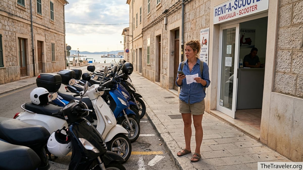 Traveler checking scooter rental details outside a local bike shop in a Mediterranean town.