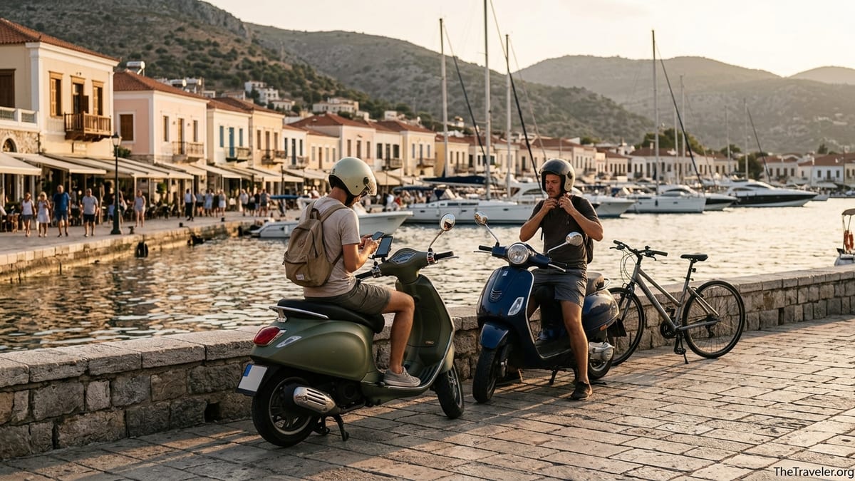 Travelers with rented scooters and a bicycle on a Mediterranean waterfront promenade at sunset.