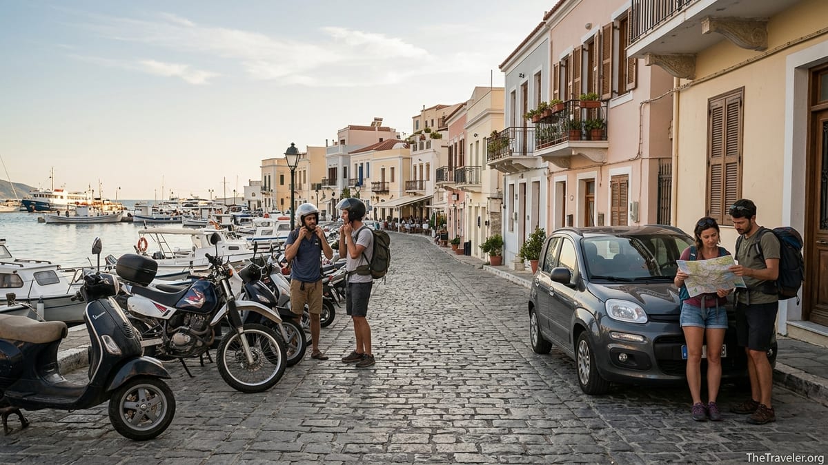 Scooters and a small rental car parked on a sunlit Mediterranean street near the harbor.