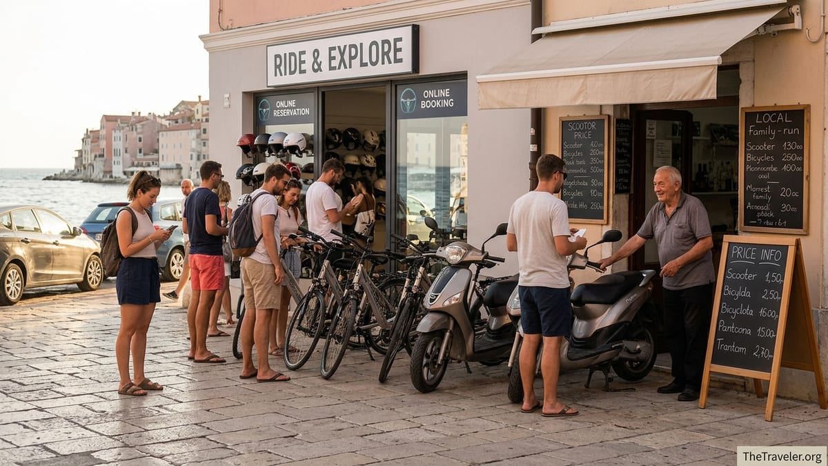 Travelers choosing between rows of rental scooters and bikes outside local shops on a Mediterranean waterfront.