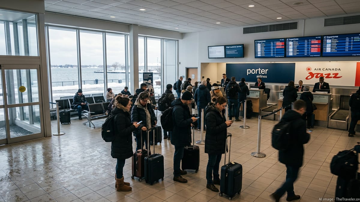 Crowded departures area at Billy Bishop Toronto City Airport with delayed and cancelled flights on display boards.